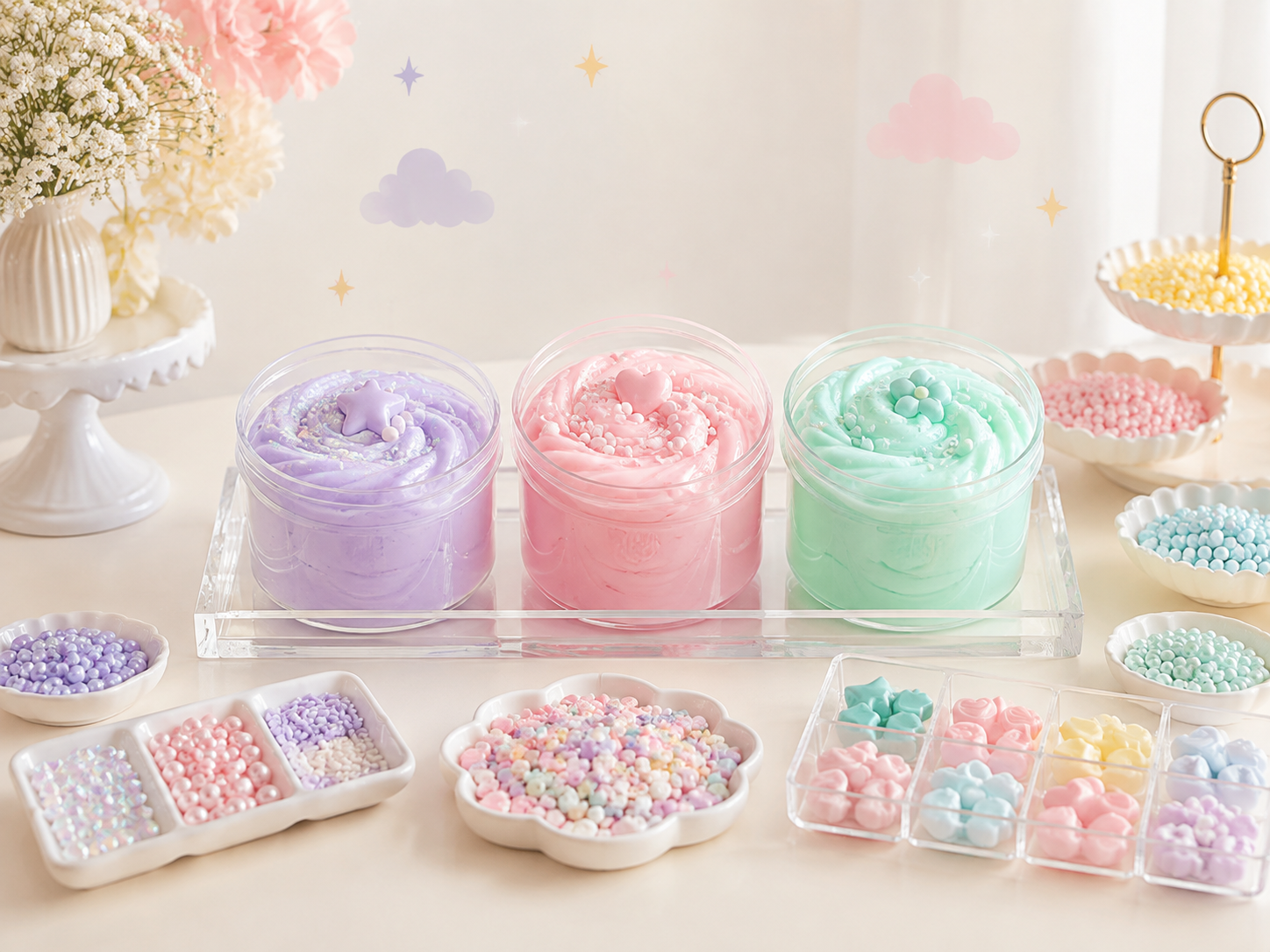 A pastel slime bar with colorful slime and toppings arranged for an event